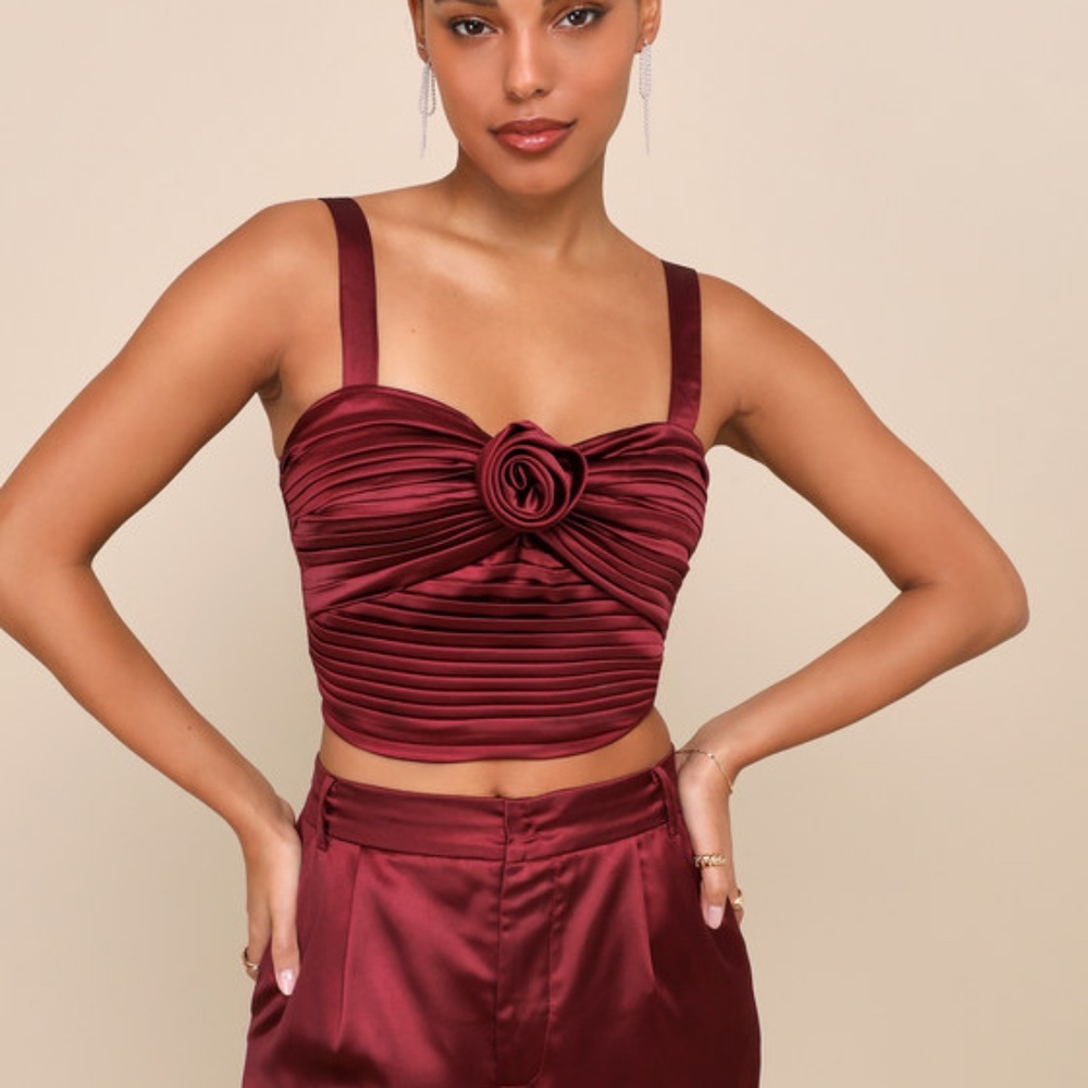 Lulus Flawless Behavior Burgundy Satin Pleated Rosette Tank Top Red - Size XS
